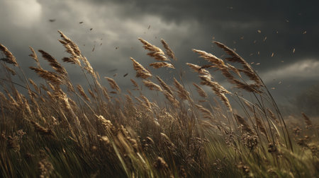 A captivating scene showcasing golden grass swaying in the wind under a stormy sky. Dark clouds create a dramatic atmosphere while nature unfolds.の素材