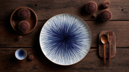 Immerse yourself in this elegant table setting showcasing a beautifully designed ceramic plate with a blue pattern, complemented by wooden utensils and rustic decor.の素材