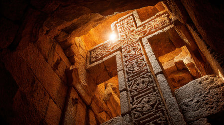 An impressive stone cross stands in an ancient temple, beautifully illuminated by sunlight, showcasing intricate carvings and textures.の素材