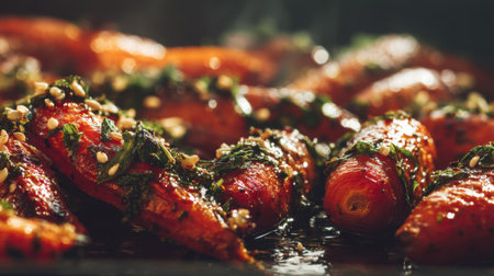 A close-up view of grilled carrots decorated with aromatic herbs and spices. This image showcases vibrant colors and healthy cooking, perfect for recipes.の素材