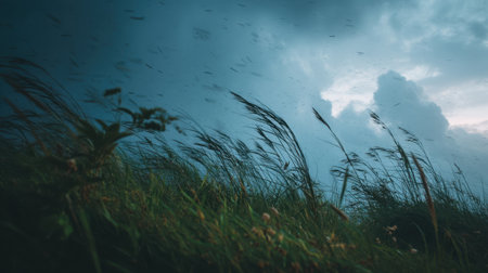Experience the beauty of a stormy sky as it looms above lush grasslands, showcasing nature's raw power and serene atmosphere.の素材