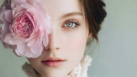 A stunning portrait featuring a woman with a flower covering one eye, embodying beauty and tranquility in soft pastel tones. Ideal for fashion and beauty themes.の素材