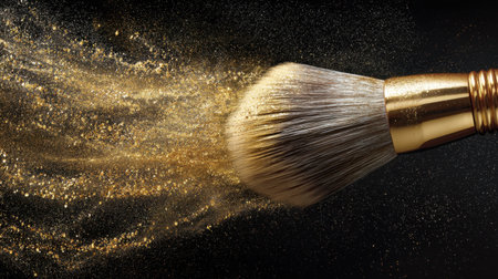 A stunning image showcasing a makeup brush releasing a flurry of golden glitter particles against a dark background, embodying beauty and elegance.の素材