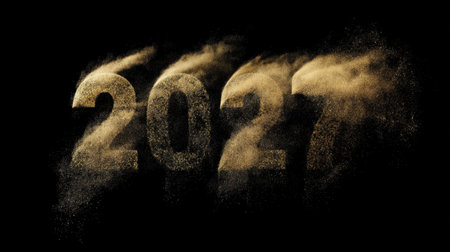 This striking image showcases the year 2027 formed by fine golden particles against a dark backdrop, symbolizing celebration and creativity.の素材