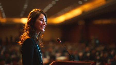 A confident woman delivers a speech at a podium during a professional conference, engaging a captivated audience in a well-lit venue.の素材