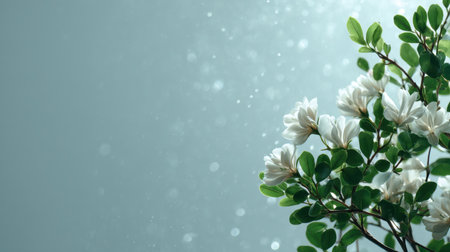 A beautiful arrangement of white flowers and lush green leaves set against a soft blue background, creating a tranquil and elegant atmosphere.の素材