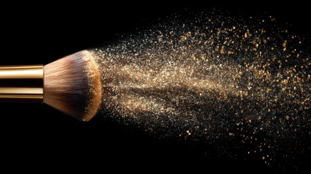 A stunning close-up of a makeup brush releasing a burst of golden glitter against a dark background, perfect for beauty and cosmetics promotions.の素材