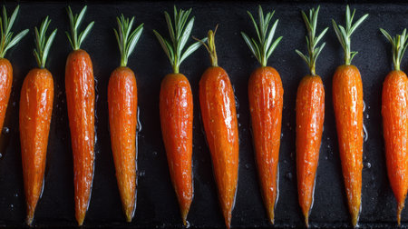 A captivating display of fresh harvested carrots with vibrant green tops arranged beautifully on a black baking tray, showcasing their natural beauty.の素材