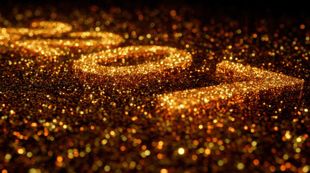 A stunning close-up of shimmering golden glitter text surrounded by sparkling particles, creating a festive atmosphere perfect for celebrations.の素材