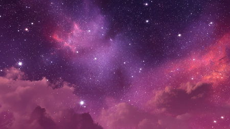 This breathtaking cosmic image captures a stunning view of vibrant nebulae and countless stars over soft, fluffy clouds. The dramatic purple and pink tones evoke a sense of wonder and imagination, making it perfect for any creative project.の素材