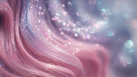 Captivating close-up of sparkling pink hair embedded with glitter, creating a dreamy scene filled with soft bokeh lights and ethereal charm.の素材