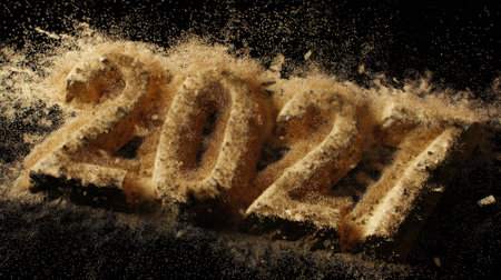 Sand forms the bold numeral 2027 against a rich black backdrop, showcasing fine dust particles for a striking visual representation of the future.の素材