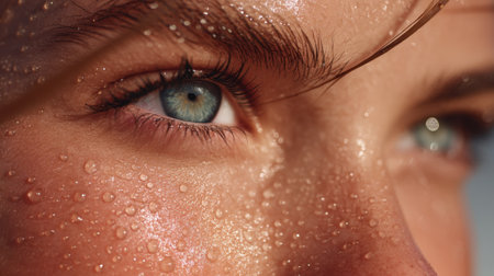 This close-up portrait captures the intricate details of a young person's eye adorned with glistening water droplets, showcasing natural beauty and texture.の素材