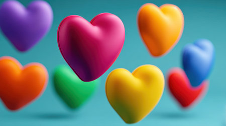 This image features colorful heart shapes floating gracefully against a bright turquoise background. Perfect for conveying love, joy, and creativity in various projects.の素材