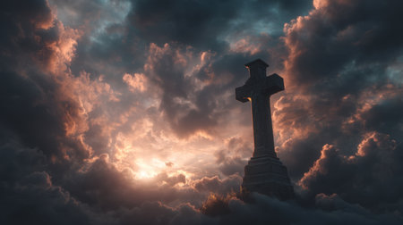 A striking silhouette of a cross rises against a backdrop of dramatic clouds and ethereal light during dusk, evoking themes of spirituality and tranquility.の素材