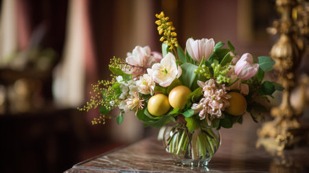 A stunning floral arrangement featuring soft pink flowers and vibrant lemons in a delicate glass vase, perfect for enhancing any indoor space.の素材