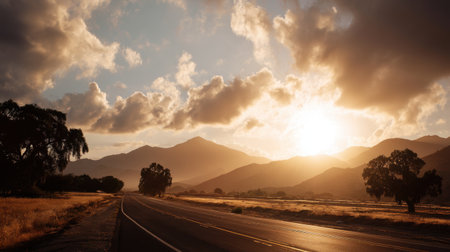 A breathtaking view of a serene landscape featuring a road leading towards majestic mountains, bathed in the warm light of the setting sun, with clouds adding a dramatic touch to the sky.の素材