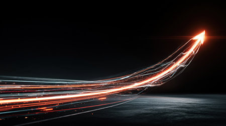 This striking image showcases a dynamic upward arrow formed from glowing light trails, symbolizing growth and success against a dark backdrop.の素材