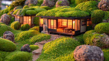 A serene miniature house nestled in lush greenery and moss, illuminated by warm light, creating a peaceful outdoor ambiance at sunset.の素材
