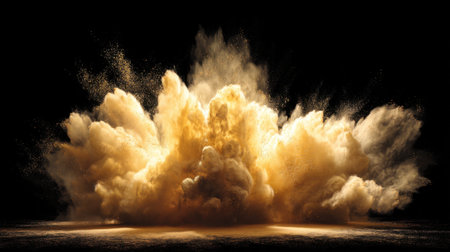 An intense and vibrant sandy explosion erupts from the ground, creating a captivating cloud of dust and smoke against a deep black background.の素材