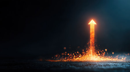 An eye-catching glowing arrow emerges from the ground, surrounded by vibrant particles in a dark setting, symbolizing progress and energy.の素材