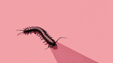 This imaginative illustration showcases a unique caterpillar on a vivid pink background, highlighting artistic elements and shadows, perfect for nature and design enthusiasts.の素材
