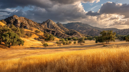 A stunning view of golden hills under a dramatic sky filled with clouds, showcasing the serene beauty of the mountains at sunset.の素材