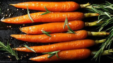 A vibrant display of freshly harvested carrots paired with aromatic herbs on a dark background, perfect for culinary inspiration and healthy recipes.の素材