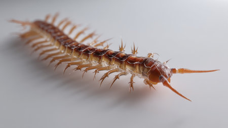 This macro photograph showcases a centipede with intricate details, highlighting its sharp legs and long antennae. Ideal for nature-related projects.の素材