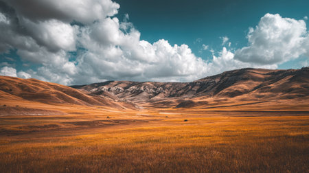 A stunning landscape showcasing an expansive golden meadow beneath a vibrant blue sky filled with fluffy clouds, surrounded by rolling hills and majestic mountains. This image captures the serenity and beauty of nature, inviting viewers to experience the tranquility of the outdoors.の素材