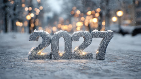 A stunning winter scene featuring sparkling numbers 2027 coated in snow, illuminated by soft bokeh lights, capturing the essence of New Year joy.の素材