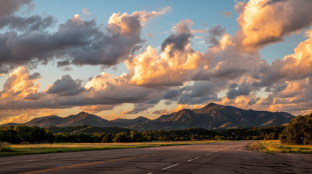 A stunning view of a serene sunset illuminating a majestic mountain range, with vibrant clouds above and a peaceful road in the foreground.の素材