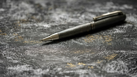 A stylish silver ballpoint pen rests on a textured black surface, ideal for enhancing creativity and professionalism in any workspace.の素材