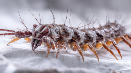 This stunning macro photograph captures the intricate details of a unique insect species on a white surface. The close-up reveals its textures and anatomy.の素材