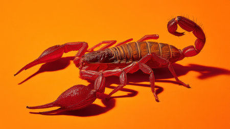 Stunning macro shot of a vibrant scorpion on a bold orange background, highlighting its intricate textures and unique anatomy, ideal for educational use.の素材