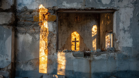 This image captures the haunting beauty of an abandoned building's interior, showcasing a cross shadow cast by natural light through the crumbling walls.の素材