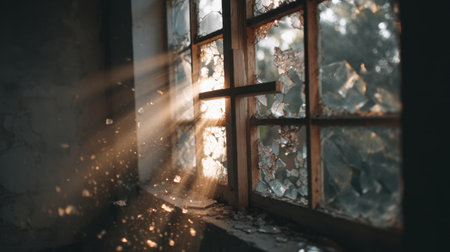 Sunlight streams through a broken window, illuminating dust particles in a forgotten space, creating a serene and atmospheric scene.の素材