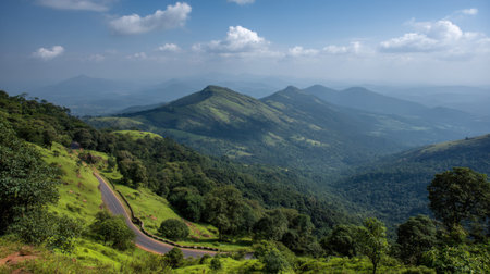 Breathtaking panorama showcasing a lush green mountain landscape with a winding road, bright skies, and serene clouds, ideal for nature lovers.の素材