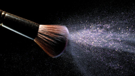 A mesmerizing close-up of a makeup brush dusting shimmering glitter against a dark background, showcasing artistry and beauty in cosmetics application.の素材
