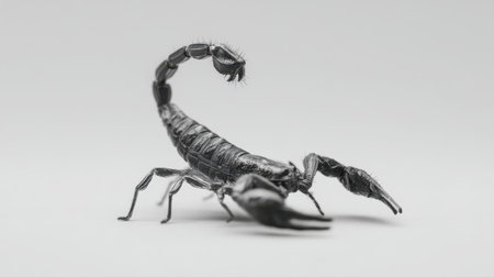 A detailed macro photograph showcasing a scorpion, featuring its intricate body textures and prominent claws against a neutral background. Perfect for nature enthusiasts.の素材