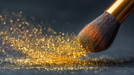 A makeup brush elegantly disperses sparkling gold glitter, creating a shimmering effect ideal for beauty projects, artistic endeavors, or festive designs.の素材