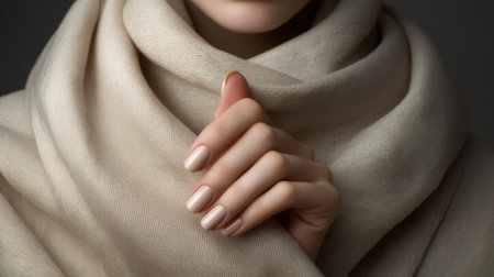 This captivating close-up image showcases a woman's hand adorned with soft nail polish, gently cradled by a cozy fabric scarf, exuding elegance and serenity.の素材