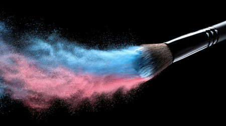 A stunning close-up of a makeup brush creating a beautiful splash of blue and pink powder, showcasing artistry and creativity against a sleek black backdrop.の素材