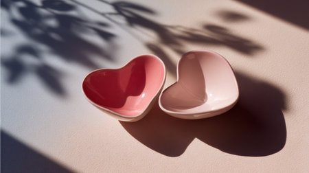 Two elegant heart-shaped ceramic bowls softly cast shadows on a warm surface, creating a romantic and cozy atmosphere with natural light highlights.の素材