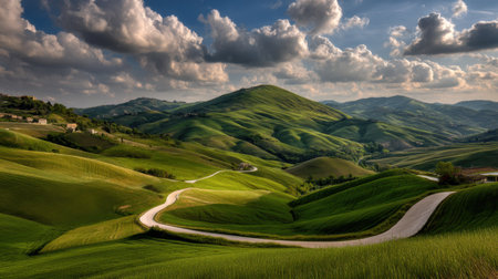 This stunning image captures serene rolling hills adorned with vibrant greenery, featuring a winding road beneath dynamic clouds, perfect for nature enthusiasts.の素材