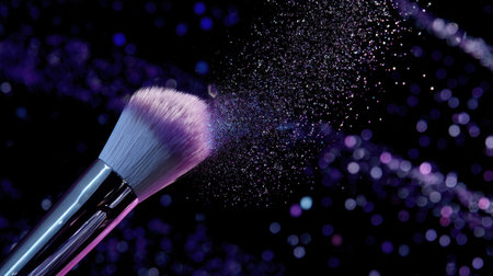 This image showcases a finely crafted cosmetic brush releasing a cloud of shimmering powder, set against a vibrant and colorful background, perfect for beauty-related themes.の素材