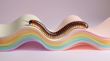A millipede gracefully moves across a wavy arrangement of colorful pastel paper sheets, creating a striking contrast and playful composition.の素材