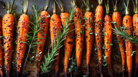 A stunning display of roasted carrots seasoned with herbs showcases vibrant colors and textures. Perfect for healthy meal inspiration.の素材