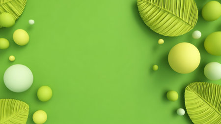 This vibrant green background features textured leaves and colorful spheres, perfect for eco-friendly themes, nature projects, or fresh designs.の素材