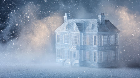 A beautifully detailed model house sits in a snowy landscape, embraced by soft falling snowflakes and a mystical mist, capturing the essence of winter magic.の素材